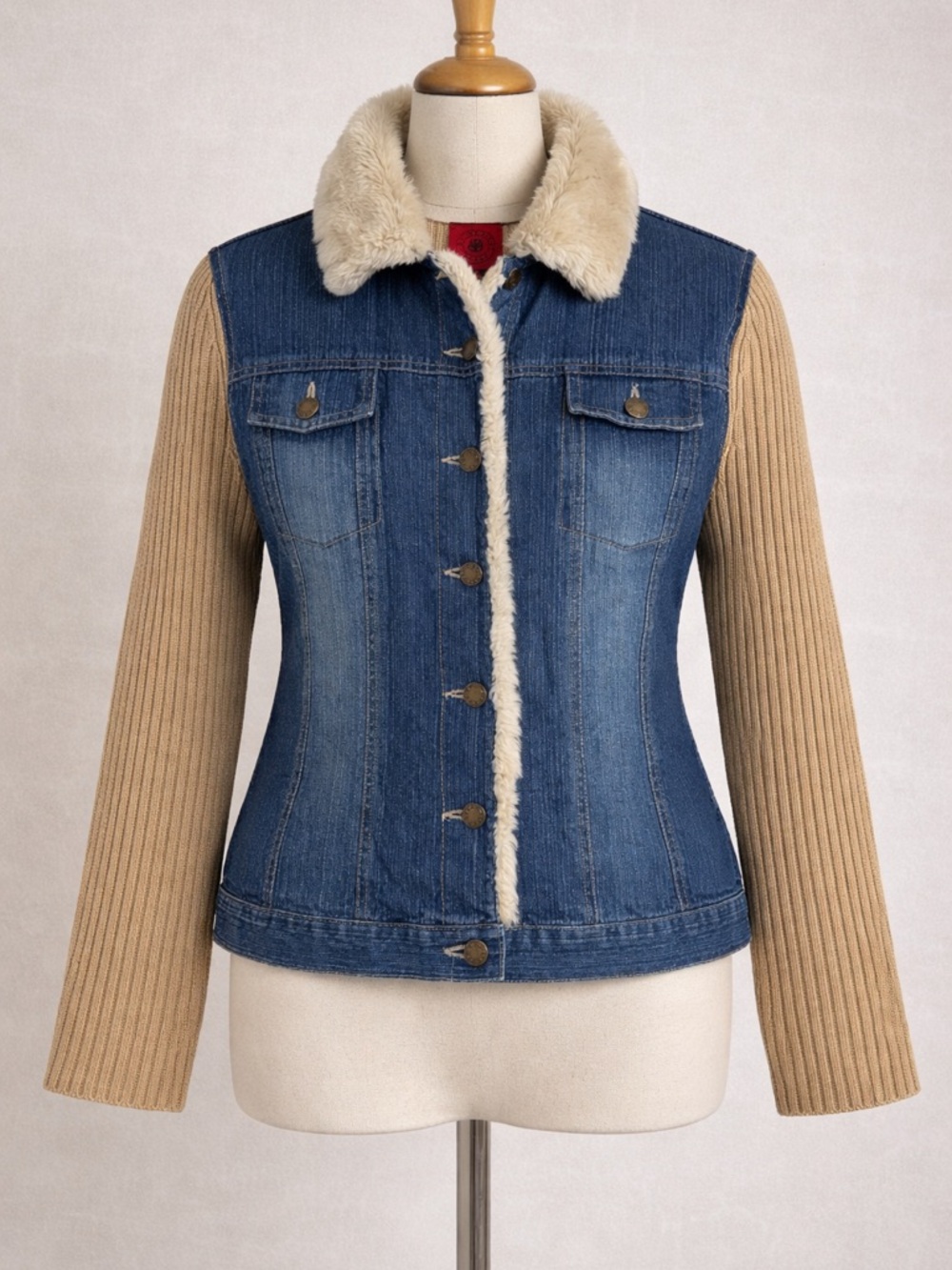 By Design Sport Denim & Knit Jacket Faux Fur Collar Women’s M/M Mixed Media